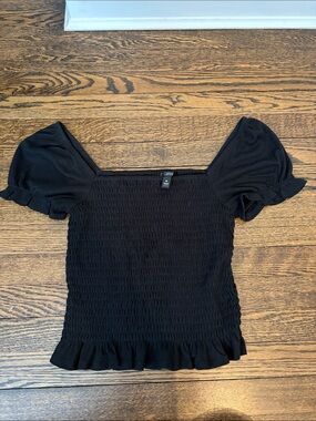 a new day Black Smocked Puff Sleeve Crop Top